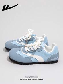 WARRIOR Damen Freizeitsneaker mit dicker Sohle, Schnürung und weichem Fußbett, Low-Top flache Outdoor-Schuhe, Sommer-Pendler-Schuhe, runde Zehenpartie, niedriger Absatz, rutschfest, einfarbig, elegant, weiche Sohle, für Ausflüge und Wandern, geeignet für Studentinnen und Abschlussfotos, Damen Low-Top Mikrofaser Sport-Skateboard-Schuhe - hellblau/blau - Übersicht 1
