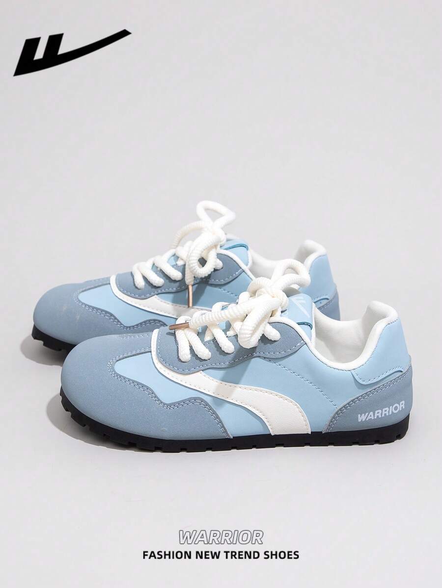 WARRIOR Damen Freizeitsneaker mit dicker Sohle, Schnürung und weichem Fußbett, Low-Top flache Outdoor-Schuhe, Sommer-Pendler-Schuhe, runde Zehenpartie, niedriger Absatz, rutschfest, einfarbig, elegant, weiche Sohle, für Ausflüge und Wandern, geeignet für Studentinnen und Abschlussfotos, Damen Low-Top Mikrofaser Sport-Skateboard-Schuhe - hellblau/blau - Übersicht 1