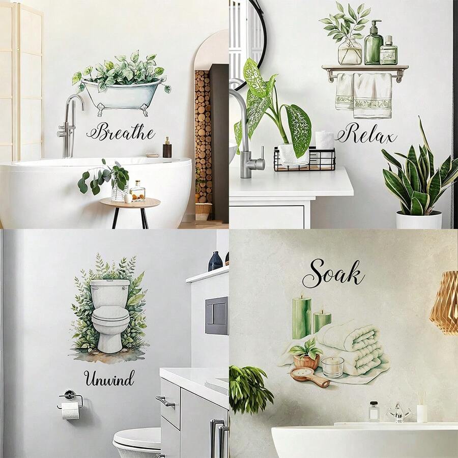 1/4pcs Watercolor Green Plants Bathroom Quote Wall Decals, Removable Self-Adhesive Waterproof PVC Stickers, Suitable For Bathrooms, Showers, Apartments, And Home Decor - Wall Stickers - View 1