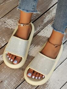 Spring/Summer Women's Round Toe Minimalist Casual Versatile Slides, Sparkling Rhinestone Upper, Outdoor Home Beach Bathroom Flip Flops - Khaki - View 4