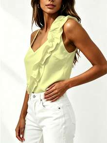 Top casual de tirantes con volantes de color liso nuevo para el verano 2026 - beige - Ver 3