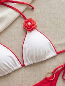 Summer Women's Sexy 3D Floral Red & White Bikini 2-Piece Set, Beach Vacation Party Fashion Elegant Casual Swimsuit Set - Multicolor - View 5