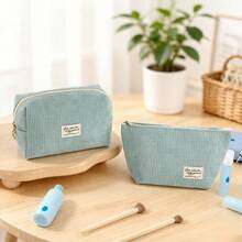 2pcs Classic Ins Style Fresh Blue Corduroy Makeup Bag Love Makes The World Go Around Large Capacity Portable Toiletry Bag Travel Storage Pouch Student Stationery Pencil Case Clutch - Multicolor - View 2