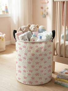 1pc Bow Pattern Printed Large Capacity Foldable Round Storage Basket With Handle, Multi-Purpose Storage Basket For Nursery, Baby Diaper, Clothes, Toys And Other Accessories - Multicolor - View 24