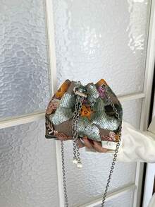New Chinese Style Retro National Style Bucket Bag For Women, New Craftsmanship Mesh Embroidery Floral Sequin Chain Crossbody Bag - Green - View 2