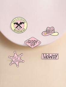 5pcs Creative Western Cowboy Theme Enamel Brooches, Pink Sheriff Badge & Revolver Cowboy Hat Design Pins, Fashion Clothing & Backpack Accessories, Best Gift For Friends - Multicolor - View 2