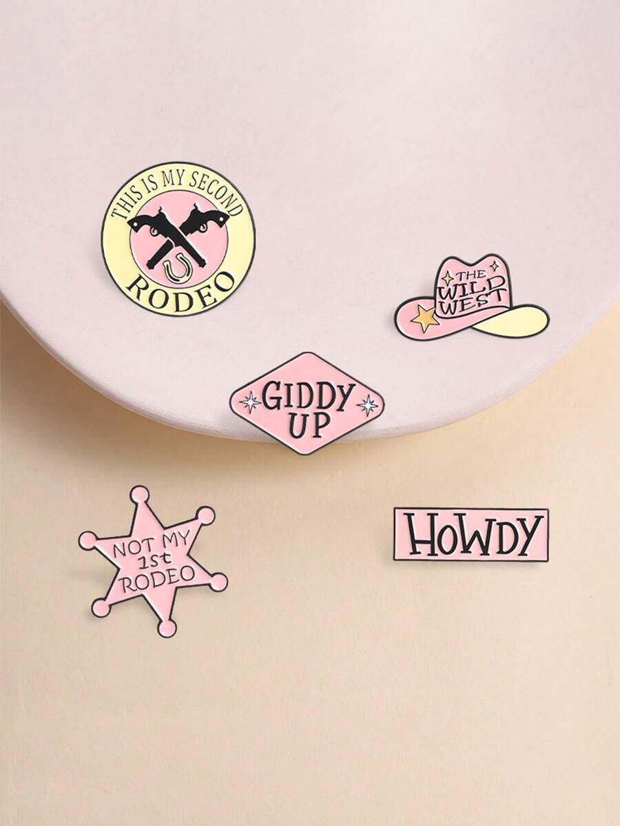 5pcs Creative Western Cowboy Theme Enamel Brooches, Pink Sheriff Badge & Revolver Cowboy Hat Design Pins, Fashion Clothing & Backpack Accessories, Best Gift For Friends