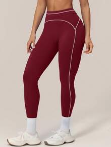 TimeOff Pantalones deportivos de mujer 1 pieza con bloques de color, decoración de línea blanca, cintura alta, control de abdomen, largo hasta el tobillo - Burdeos - Ver 8