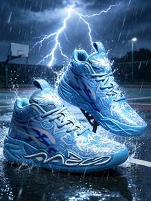 1 Pair White & Light Blue Camo Graffiti Basketball Running Shoes, Shock-Absorbing Soft & Bouncy, Durable Anti-Slip Sole, Breathable - Blue - View 5