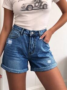 New Classic Versatile Minimalist Casual Non-Stretch Washed Solid Color Cuffed Hem Women's Pocket Straight Leg Denim Shorts - Dark Wash - View 6