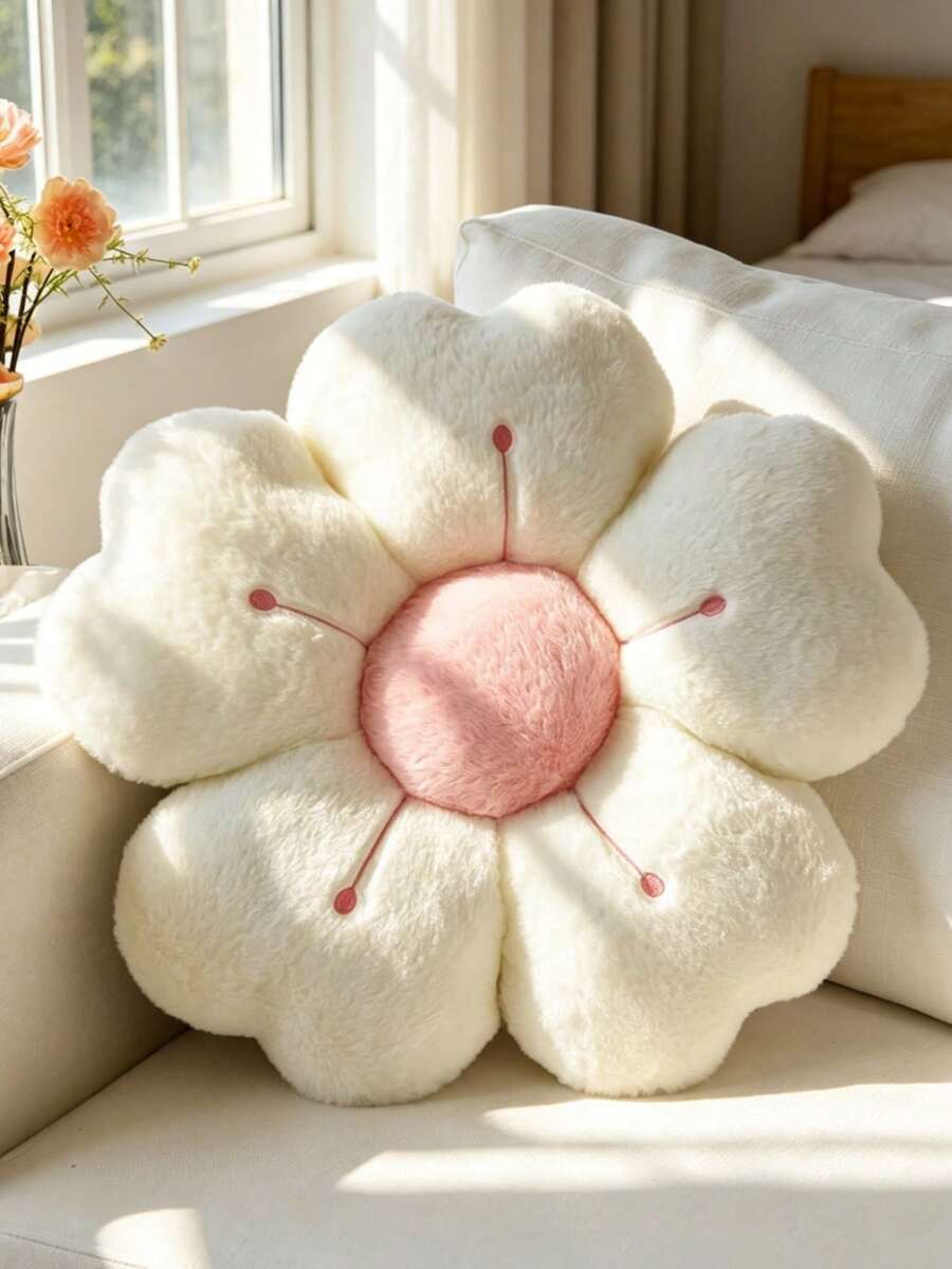1个花朵造型装饰抱枕，雏菊图案靠垫，适用于床、沙发、宿舍、地板、春夏装饰、户外座椅垫、卧室装饰，女士礼物 - 白色 - 查看 1