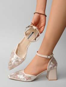 Summer New Lace Closed Toe Sandals Women, Thin Heel Pointed Toe Ankle Strap Elegant High Heels,Chunky Heels - Beige - View 9