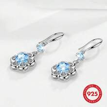 1 Pair Fashionable Cubic Zirconia Earrings, Elegant Luxury Design With Hollow Floral Pattern, 925 Sterling Silver Material, Suitable For Daily Casual Wear, Vacation, Wedding, Festivals, Birthday And Mother's Day Gifts - Silver - View 5