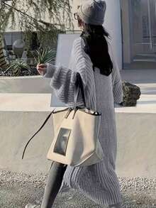 Plus Size Women's Autumn Winter Solid Color Dropped Shoulder Pocket Design Long Sleeve Loose Casual Long Cardigan Sweater - Grey - View 3
