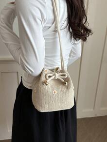 Solid Color Mini Straw Woven Foldable Drawstring Shoulder Bag (Flower Position And Color Randomly Vary) - Khaki - View 6