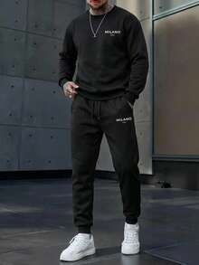 Men's Winter Solid Color Casual Style Sherpa Lined Warm Long Sleeve Graphic Sweatshirt & Pants Set - Black - View 1