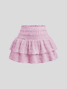 Y2K Casual Resort Mini Skirt With Double-Layered Hem And Solid-Color Ruffle Trim - Watermelon Pink - View 1