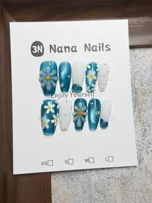 10PCS Blue Cat Eye Press On Nails | 3D Hand-Painted Little Daisy With Pearl Accents, French Tip Design | Short Coffin Nails | Summer Ocean Nail Set | Reusable Salon Quality, Suitable For Daily Wear & Gifts Handmade Press On Nails - Teal Blue - View 1