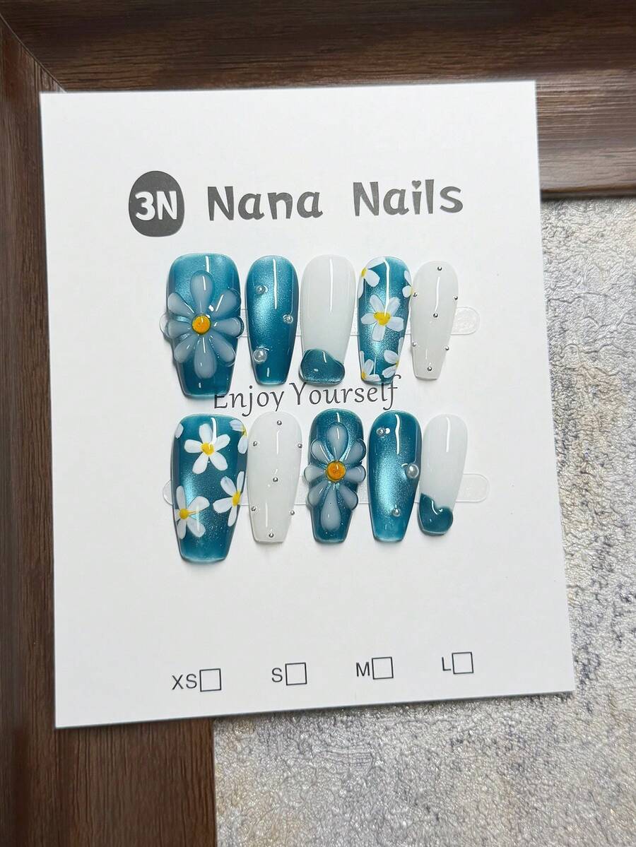 10PCS Blue Cat Eye Press On Nails | 3D Hand-Painted Little Daisy With Pearl Accents, French Tip Design | Short Coffin Nails | Summer Ocean Nail Set | Reusable Salon Quality, Suitable For Daily Wear & Gifts Handmade Press On Nails - Teal Blue - View 1
