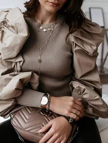 Nuevo modelo 2026:Camisas y suéteres con mangas abullonadas, cuello redondo acanalado y volantes. - Negro - Ver 9