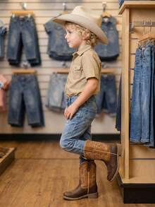 Cowboy Boots, Two-Tone Brown Mid Calf Western Riding Boots With Decorative White Embroidery, Casual Non-Slip Boots For Toddler Little Kids - Camel - View 3
