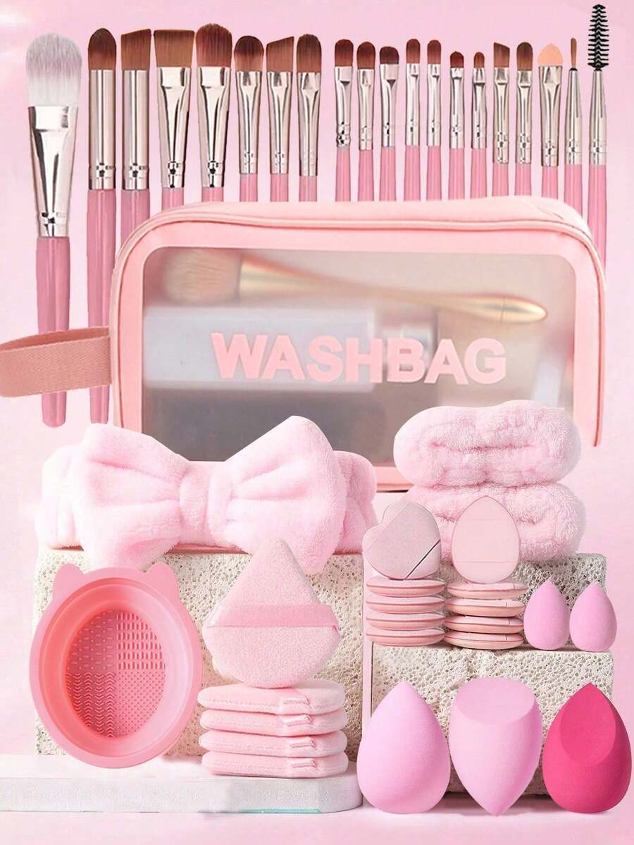 45pcs Makeup Brush Set, Mixed Makeup Beauty Tools, Including: 20 Makeup Brushes, 1 Makeup Bag, 5 , 5 Powder Puffs, 5 Mini , 5 Mini Finger Puffs, 1 Headband, 2 Wristbands, 1 Cleaning Tool