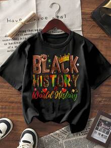Unisex Oversized Short Sleeve Graphic Tee Black History Is World History Slogan Print Casual T-Shirt - Black - View 6