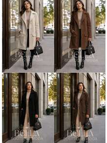 Women's Long Wool Coat, Parka, Or Overcoat, Elegant And With Front Button Closure. - 米色 - 查看 3