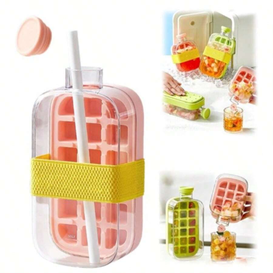 2-In-1 Ice Cube Bottle With Straw - Easy Press Ice Tray Water Bottle, Leak Proof Lid, Vertical Ice Maker For Freezer, Travel, Gym & Home Use
