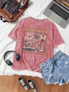 Camiseta Casual de Manga Corta con Cuello Redondo y Estampado Gráfico "Twilight" para Uso Diario - Rojo - Ver 2