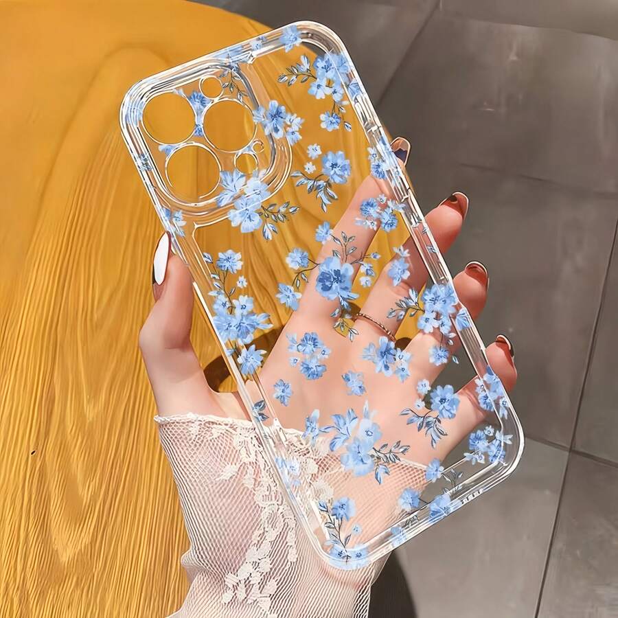1pc Transparent Space Shell Blue Floral Pattern Phone Case Personalized Compatible With IPhone 16 Pro Max 17/16/15/14 Plus/13/12/11 Protective Case Air Compatible With Samsung Series - Multicolor - View 1