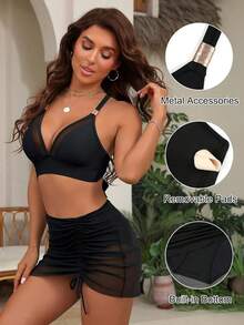 Womens Summer Swim Skirt High Waisted Bikini Sets Tummy Control Swimsuits Drawstring Ruched Mesh Sarong Wraps With Shorts 3 Pcs Bathing Suits - Black - View 2