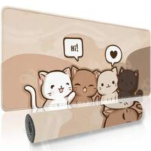 1pc Adorable Cat Group Extended Desk Mat - Neutral Brown Aesthetic, Anti-Slip & Stitched Edge, Keyboard Pad - View 4