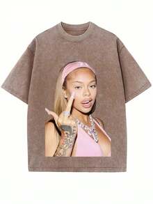 Y2K Oversized Washed Cotton Tee Short Sleeve Round Neck Casual Streetwear T-Shirt - 咖啡棕 - 查看 1
