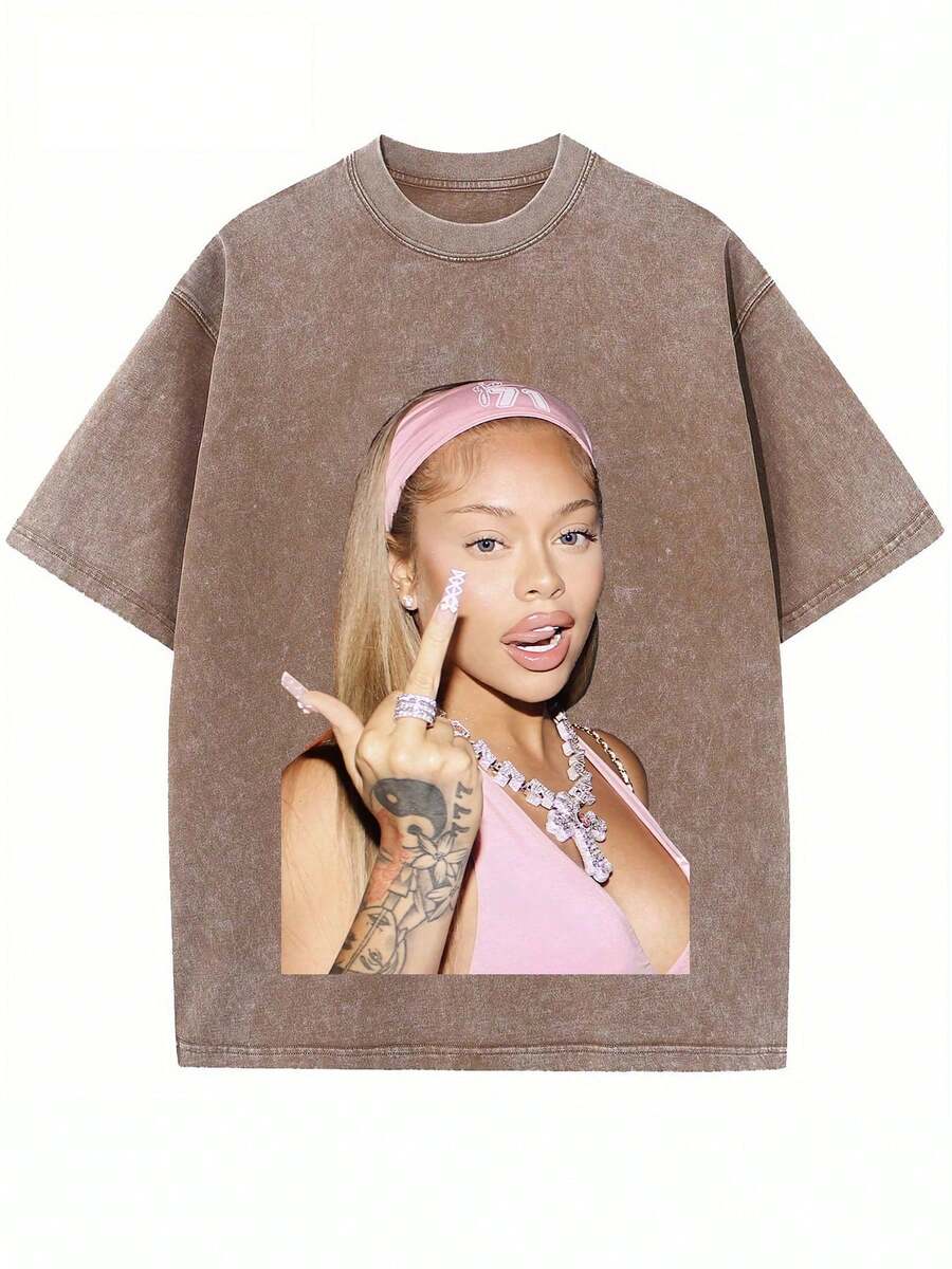 Y2K Oversized Washed Cotton Tee Short Sleeve Round Neck Casual Streetwear T-Shirt - 咖啡棕 - 查看 1