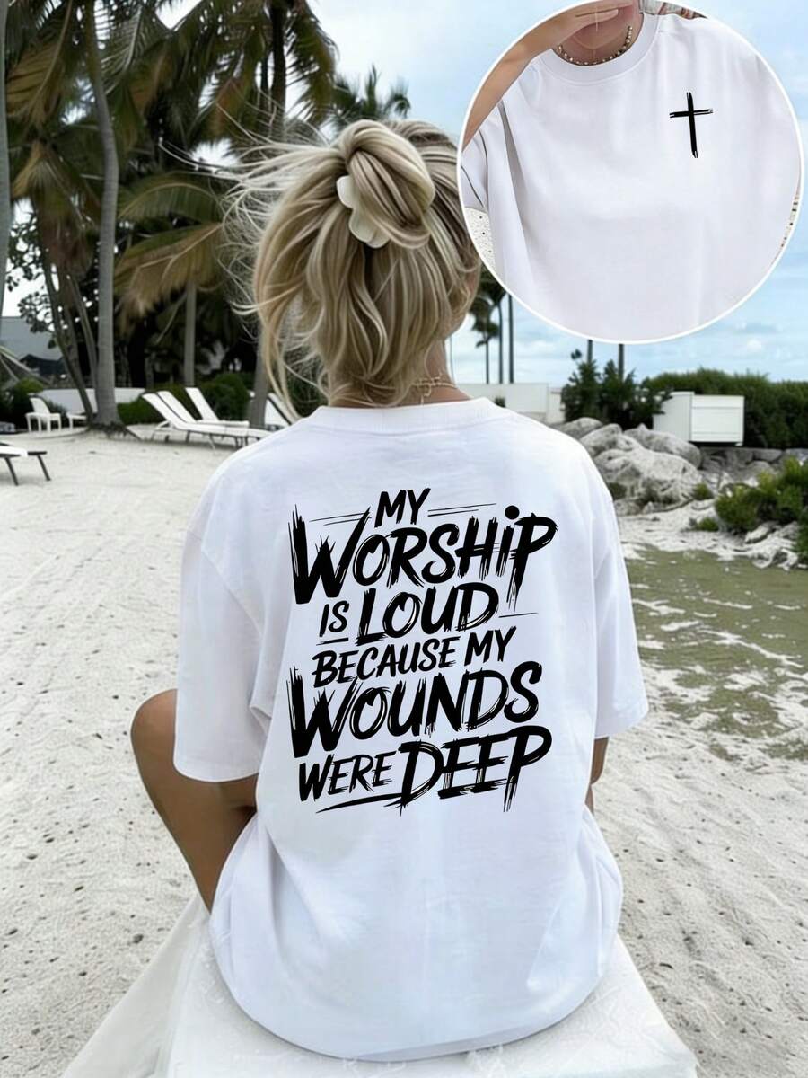 Women's Minimalist Casual T-Shirt With Double-Sided Inspirational Bible Message Graphic, Versatile Top To Pair With White Shorts And Lightweight Trousers - 白色 - 查看 1