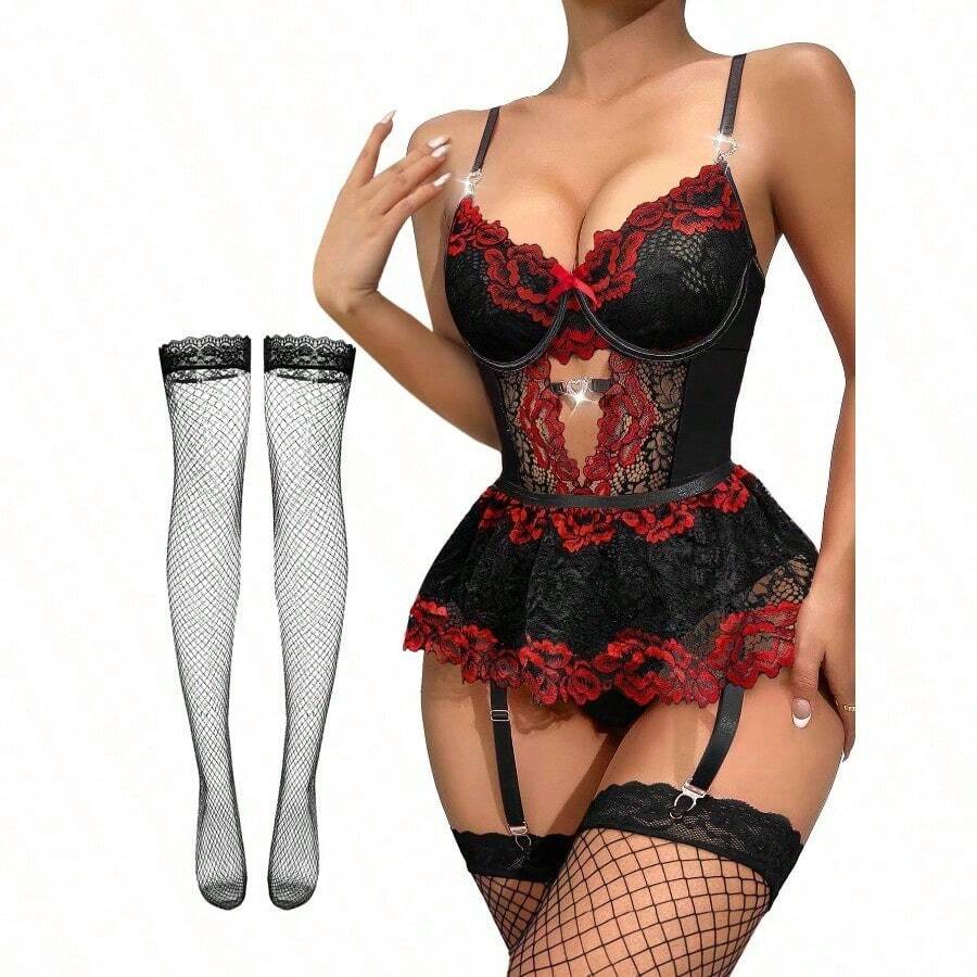 Lilosy Sexy Stocking Rhinestones Heart Garter Underwire Floral Mesh Lace Sheer Babydoll Lingerie Teddy Bodysuit Skirt Set - 花卉黑紅 - 查看 1