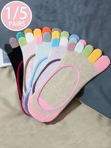 1 Pasang/5 Pasang Kaos Kaki Wanita Nyaman Kasual dengan Pola Jari Kaki Warna-warni, Anti Selip, dan Tidak Terlihat, Cocok untuk Aktivitas Luar Ruangan - MultiWarna - View 1