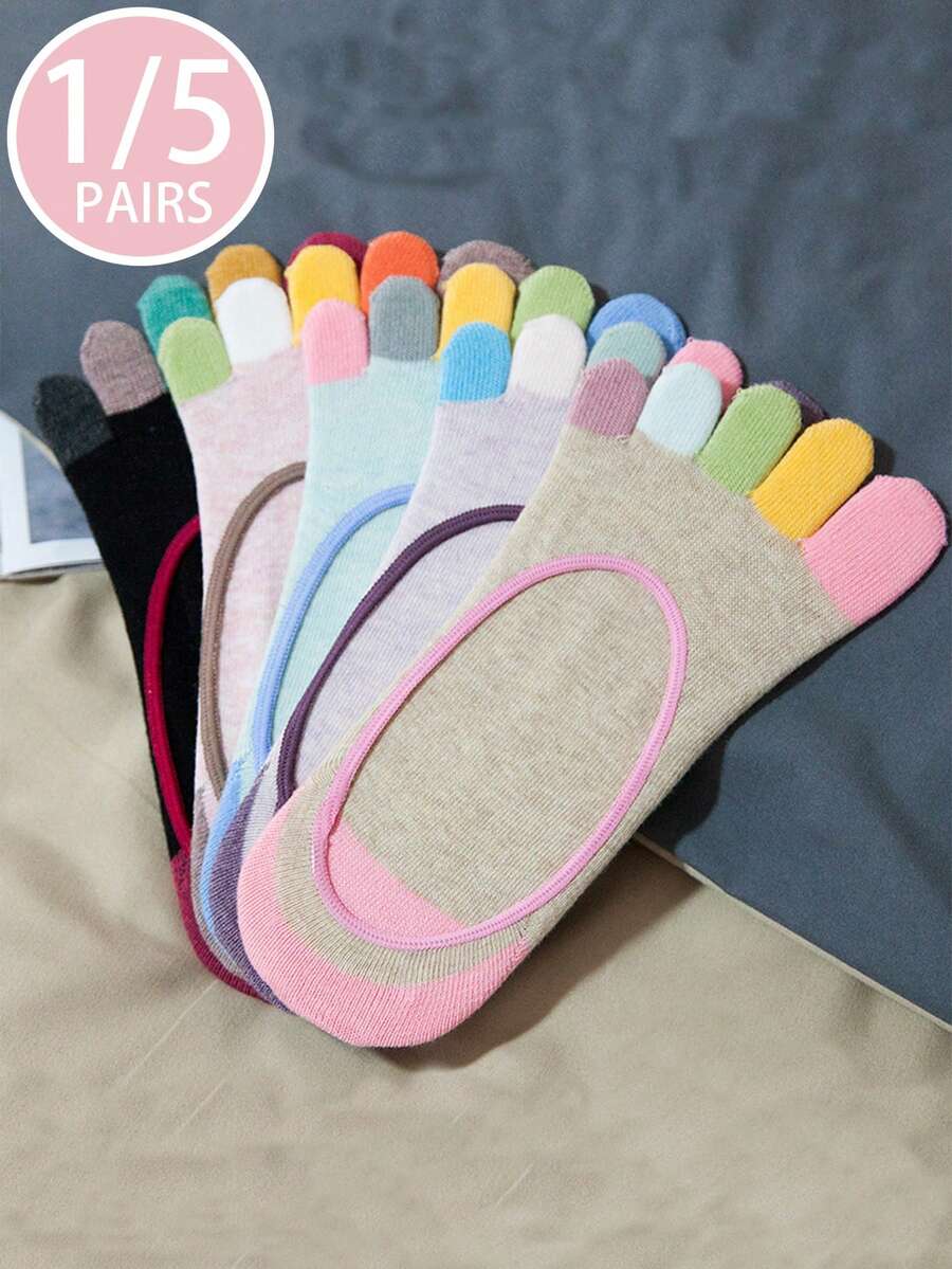 1 Pasang/5 Pasang Kaos Kaki Wanita Nyaman Kasual dengan Pola Jari Kaki Warna-warni, Anti Selip, dan Tidak Terlihat, Cocok untuk Aktivitas Luar Ruangan - MultiWarna - View 1