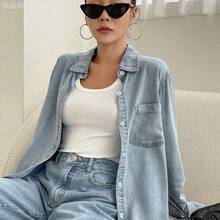 jianchaimaoyi02  Blusa de mezclilla con bolsillo con parche y botones, chaqueta de mezclilla, ropa de mujer de otoño de manga larga - Lavado ligero - Ver 6