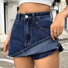 xuehuamaoyi02  ICON Falda mini de mezclilla lavada casual para mujer, verano - Azul lavado oscuro - Ver 1