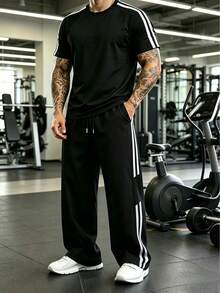 American Style Striped Loose Crew Neck Top And Straight Leg Cargo Pants Set For Men, Spring/Summer Outdoor Training Jogging Versatile - Black - View 3