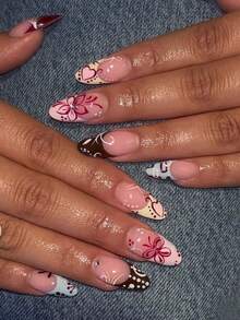 24 piezas de uñas postizas de almendra para pegar, uñas postizas coloridas con corazones y flores, uñas de verano para mujeres - Multicolor - Ver 1