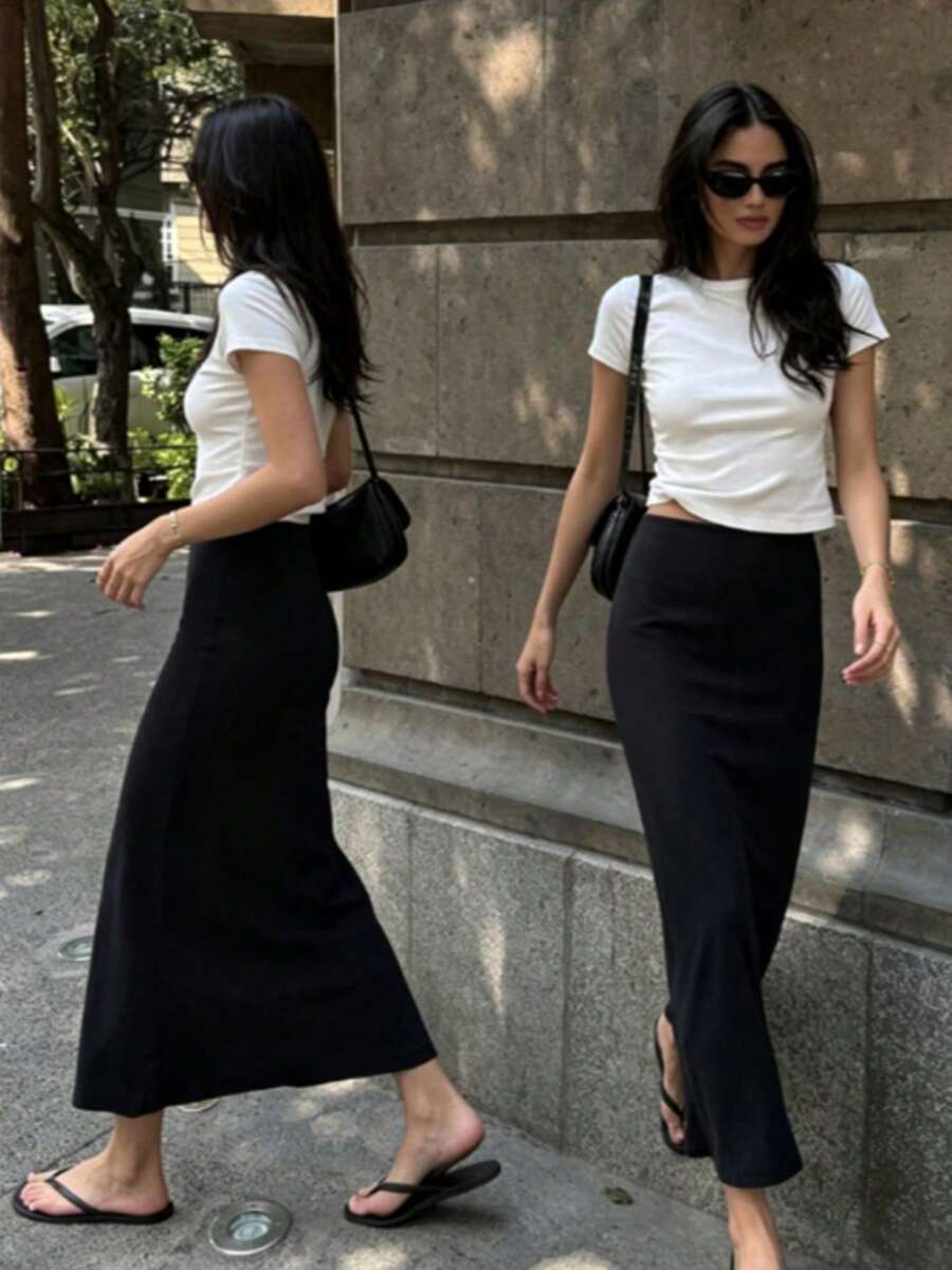 黑色修身長直裙，女款時尚聚酯纖維休閒派對洋裝，百搭可愛，適合日常穿著、夏季度假穿搭，完美適用於海灘、音樂節與夏季假期 - 黑色 - 查看 1