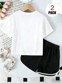 2pcs/Set Girls Casual Outfit, Round Neck Short Sleeve Top + Sports Shorts, Printed With "PARIS" Letter, Comfortable And Soft, Suitable For Summer Wear - Multicolor - View 3