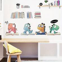 1pc PVC Cartoon Wall Sticker Self-Adhesive Decorative Bedroom Decor Study Room Sticker Cute Dinosaur Reading Pattern - one-size - View 5