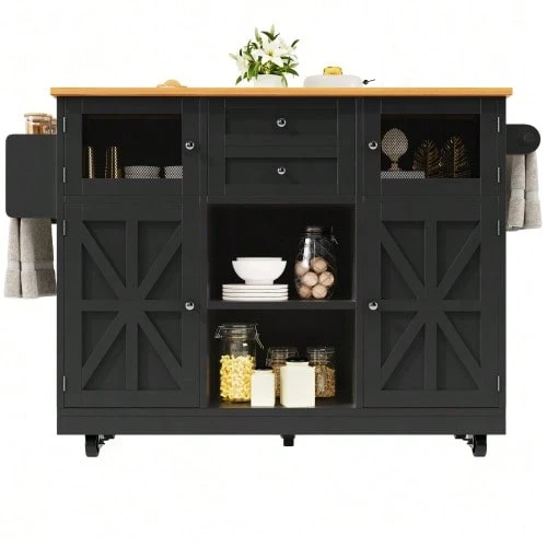 Kitchen Island, Serving Cart With Worktop, Sideboard, Wood-Finish Serving Cart, Side Towel Rack, Three-Dimensional Cupboard Doors On Casters, Adjustable Partitions, White - 黑色 - 查看 1