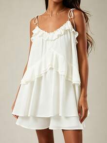 Womens Summer Romper Dress Chiffon Spaghetti Strap Sleeveless Ruffle Tiered Short Jumpsuits Beach Vacation Rompers - White - View 2