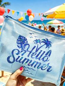 大容量防水收納袋，印有閃亮「Hello Summer」圖案化妝包，海灘主題，大容量透明化妝包，輕巧，春/夏季收納，耐用，非常適合游泳、海灘、潛水和夏季度假，學生返校，輕巧防曬收納袋，適合朋友、家人、女朋友和同學。完美的生日、節日、派對、婚禮（伴娘）、母親節、教師節禮物和紀念品 - 彩色 - 查看 9