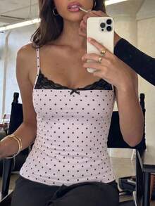 ENGU CO. Summer Gentle Pink Polka Dot Lace Thin Strap Camisole Girl Style Black Bow Slim Fit Flattering Inner Layer Cropped Top - Baby Pink - View 3